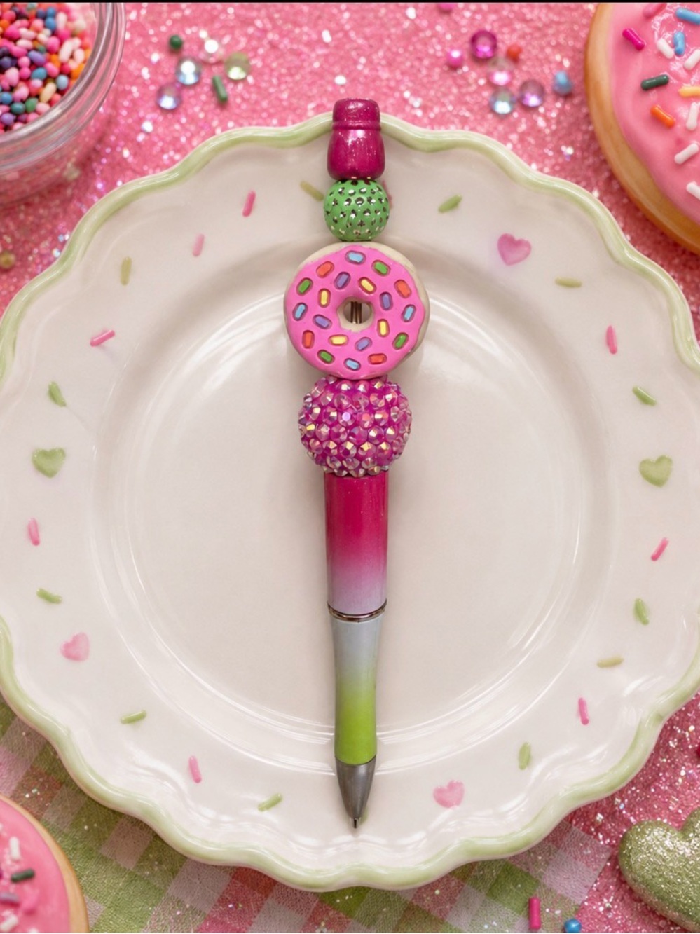 Handmade Pink Donut Beaded Decorative Ballpoint Pen -